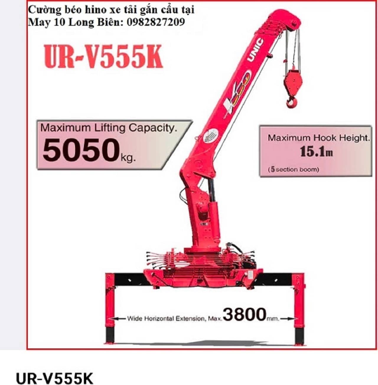 thông số cẩu unic 5 tấn 5 đốt gác trên xe hino
